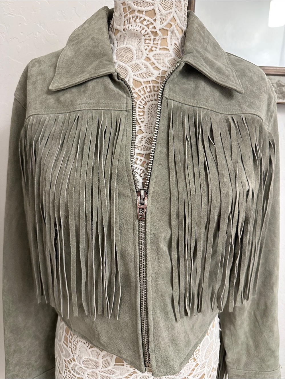 Stunning suede green fringe jacket blank NWT size M - Picture 7 of 11